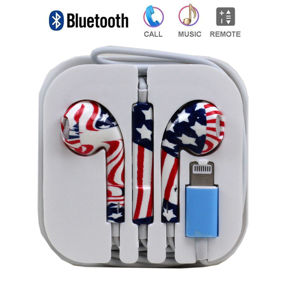 Bluetooth WIRED Lightning Design Earbuds for Apple iPhone (America USA FLAG)